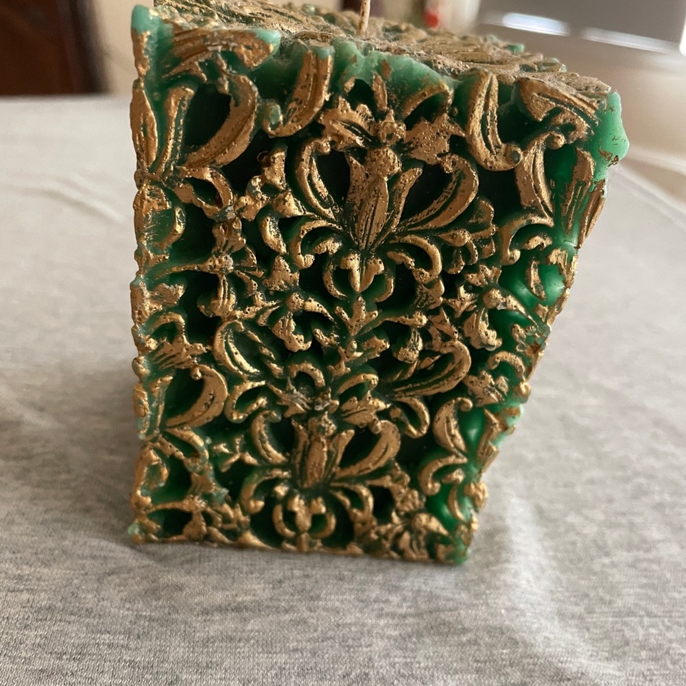 Decorative Green and Gold Carved Accent Candle - Home Accents